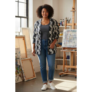 Alfred Dunner Blazer Open Front Semi Sheer Lattice Blue White Jacket Timeless S